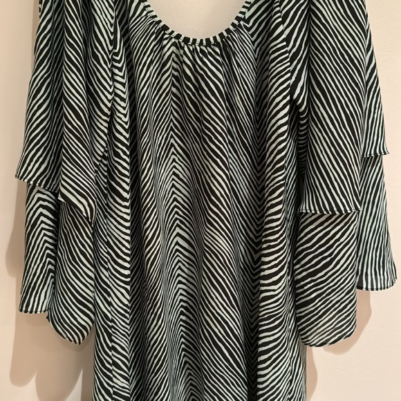 PARKER SILK COLD SHOULDER DOUBLE BELL SLEEVE MINI DRESS IN MINT ZEBRA PRINT SZ S - Picture 8 of 14